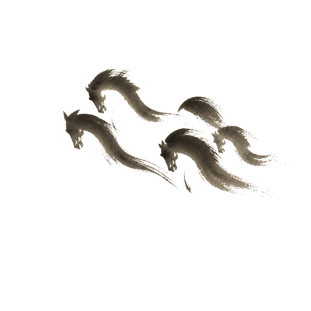 Sumi-e ink brushwork of three horses moving together as a small herd